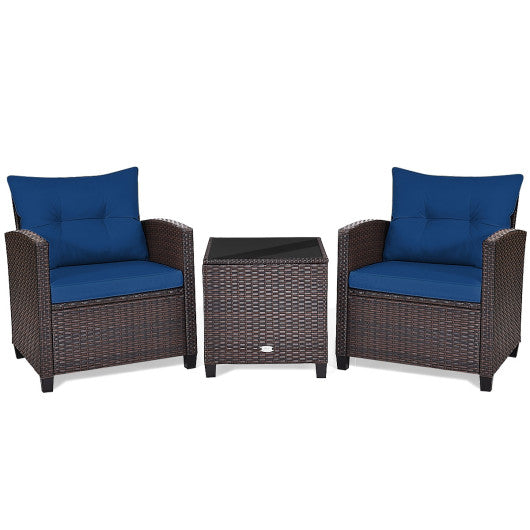 3 Pcs Patio Rattan Furniture Set Cushioned Conversation Set Coffee Table-Navy