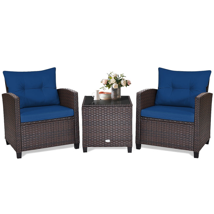 3 Pcs Patio Rattan Furniture Set Cushioned Conversation Set Coffee Table-Navy