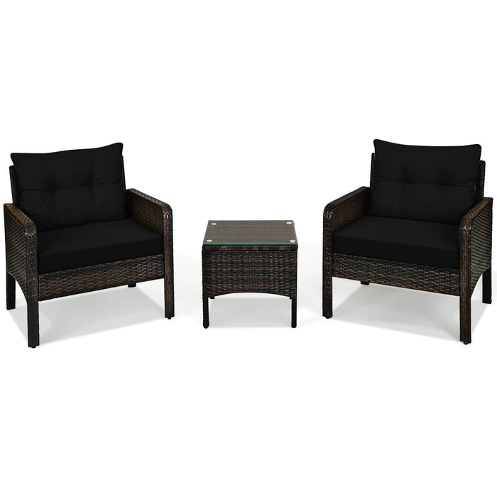 3 Pcs Outdoor Patio Rattan Conversation Set with Seat Cushions-Black