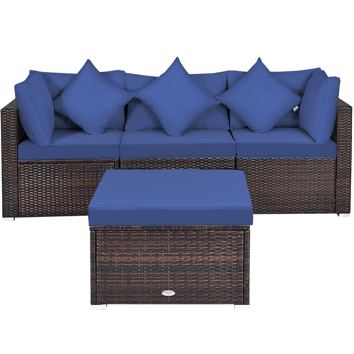 4 Pieces Ottoman Garden Patio Rattan Wicker Furniture Set with Cushion-Navy