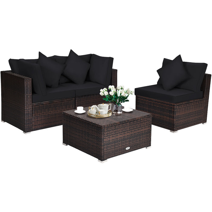 4 Pieces Ottoman Garden Patio Rattan Wicker Furniture Set with Cushion-Black