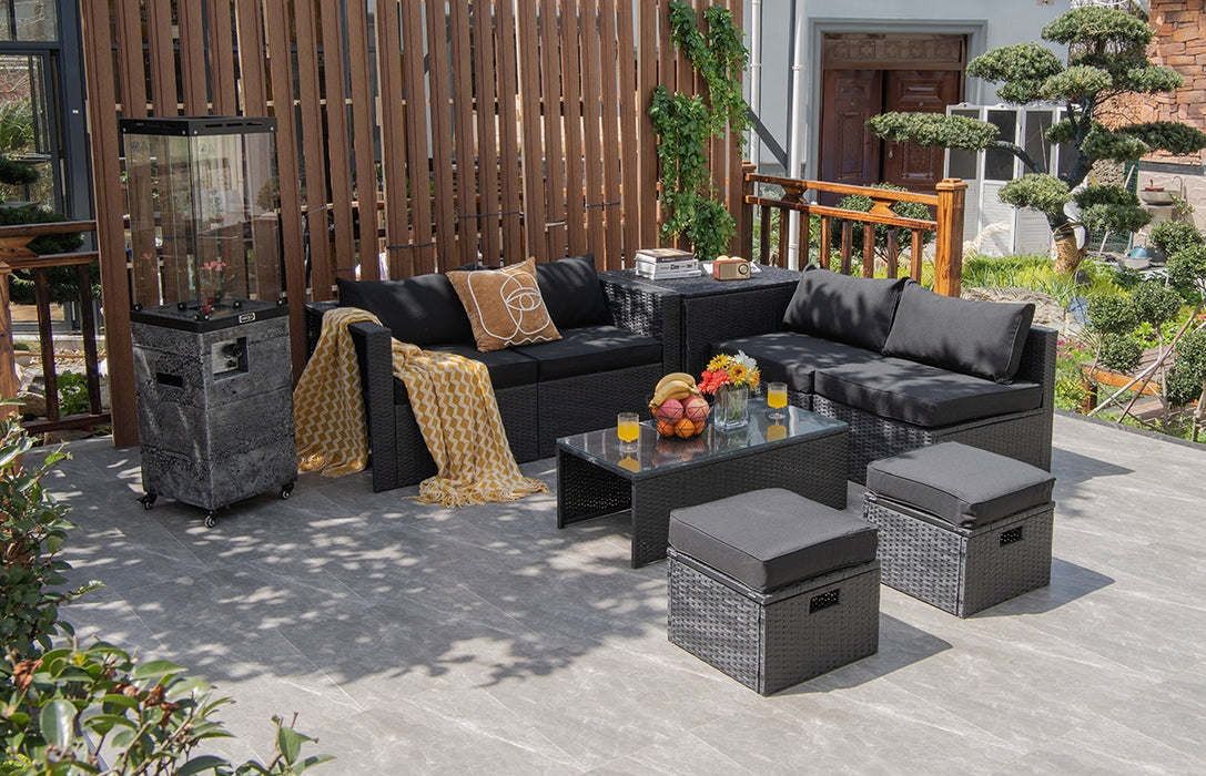 8 Pieces Patio Rattan Storage Table Furniture Set-Black