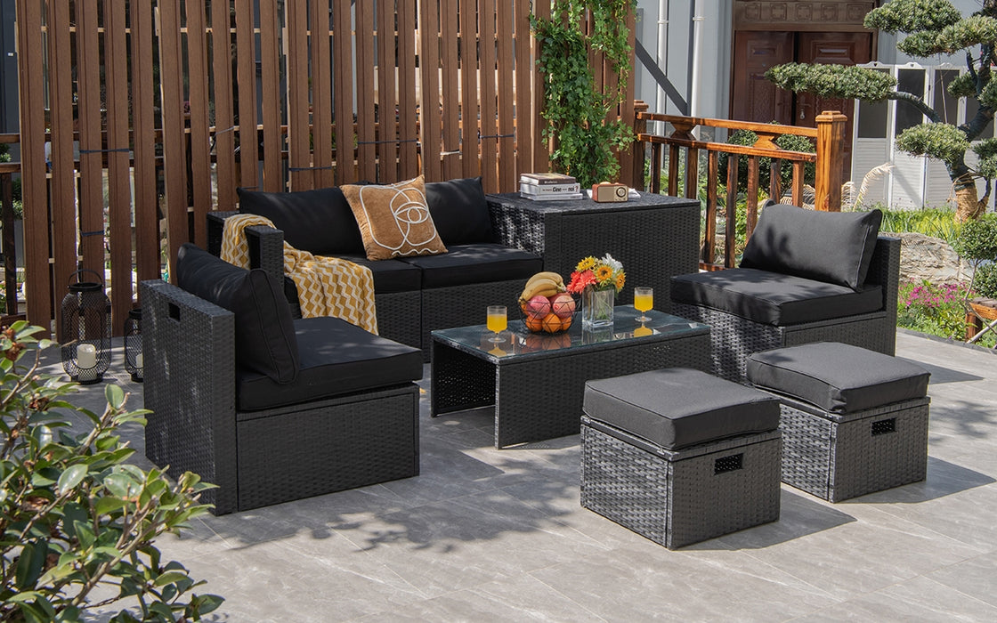 8 Pieces Patio Rattan Storage Table Furniture Set-Black