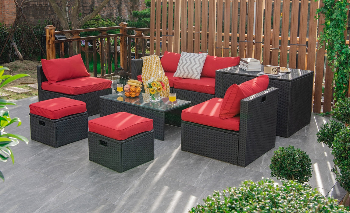 8 Pieces Patio Rattan Storage Table Furniture Set-Red