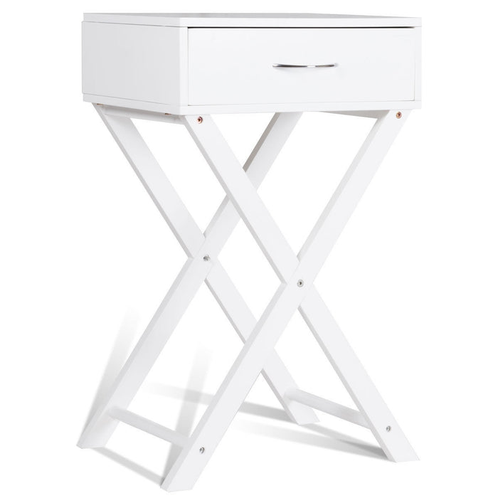 Design Sofa Side Table with X-Shape Drawer for Living Room Bedroom-White