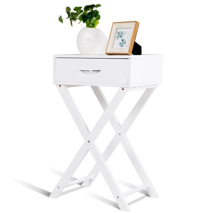 Design Sofa Side Table with X-Shape Drawer for Living Room Bedroom-White