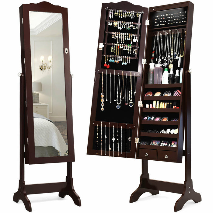 14 LED Jewelry Armoire Cabinet with Full Length Mirror and 4 Tilting Angles-Coffee