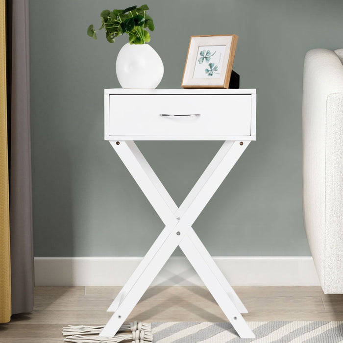 Design Sofa Side Table with X-Shape Drawer for Living Room Bedroom-White