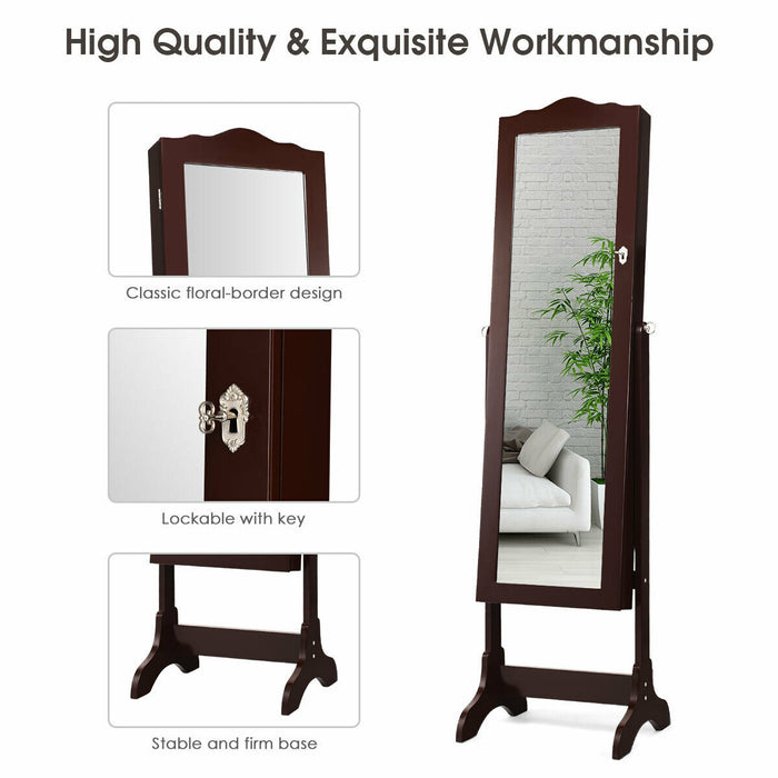 14 LED Jewelry Armoire Cabinet with Full Length Mirror and 4 Tilting Angles-Coffee