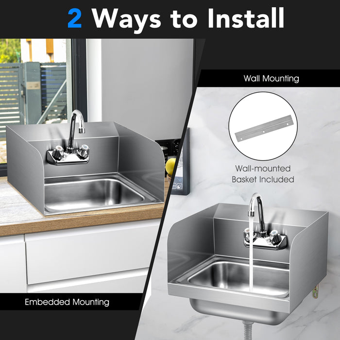 Stainless Steel Sink Wall Mount Hand Washing Sink with Faucet and Side Splash