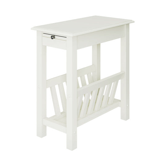 2-Tier End Table with Pull-out Tray and Solid Rubber Wood Legs-White