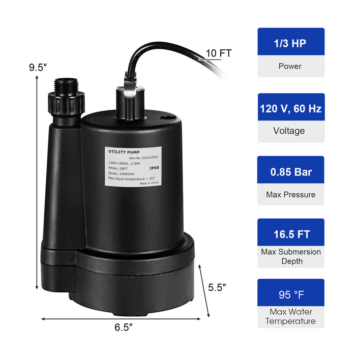 1/3HP 2400GPH Submersible Utility Pump Portable Electric Water Pump with 10 FT Cord