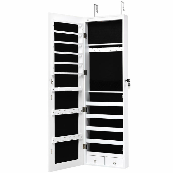 Wall and Door Mounted Mirrored Jewelry Cabinet with Lights-White