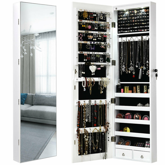 Wall and Door Mounted Mirrored Jewelry Cabinet with Lights-White