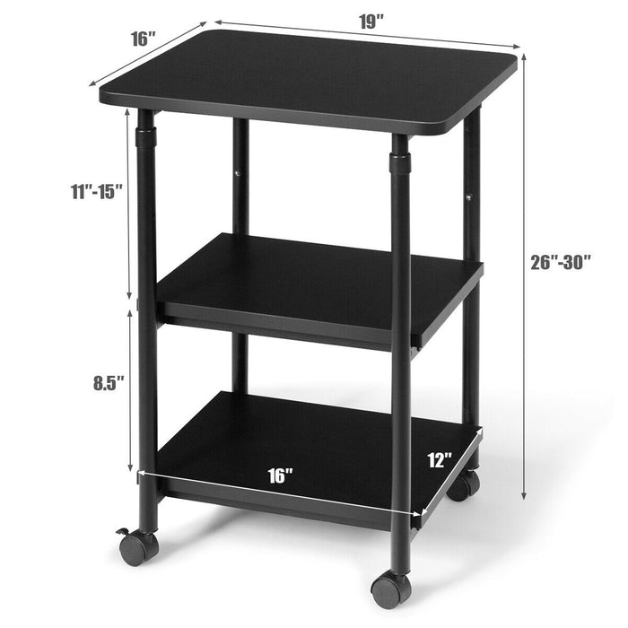 3-tier Adjustable Printer Stand with 360Â° Swivel Casters-Black