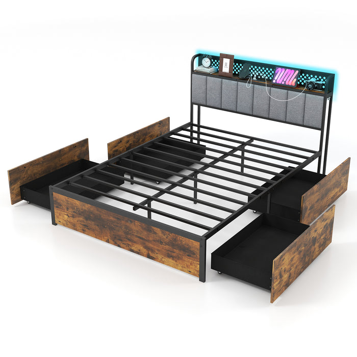 Twin/Full/Queen Bed Frame with LED Lights  Upholstered Headboard and 4 Storage Drawers-Full Size