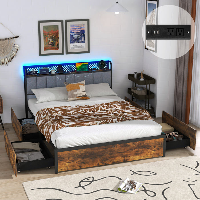 Twin/Full/Queen Bed Frame with LED Lights  Upholstered Headboard and 4 Storage Drawers-Full Size