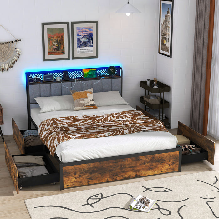 Twin/Full/Queen Bed Frame with LED Lights  Upholstered Headboard and 4 Storage Drawers-Full Size