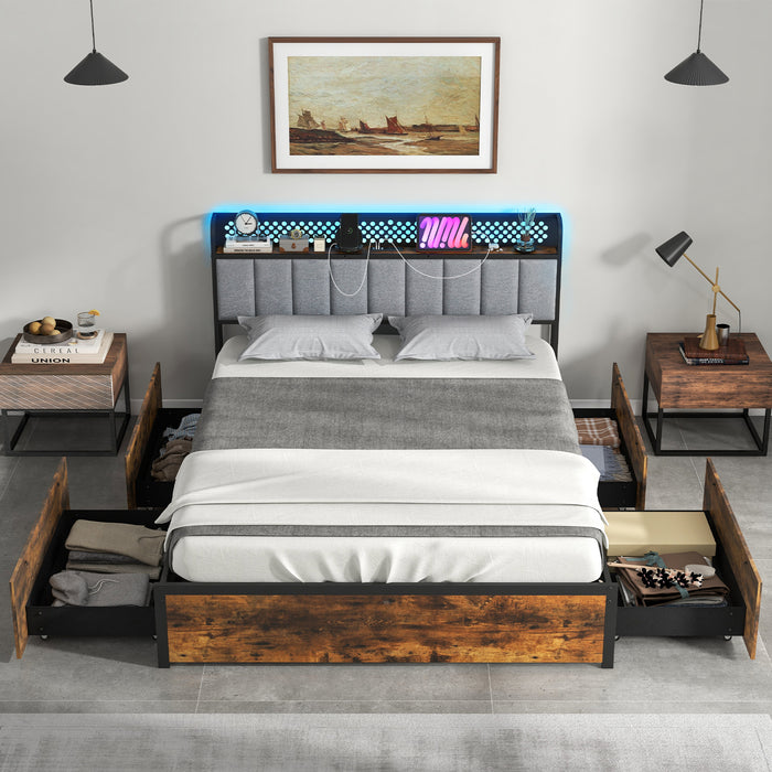 Twin/Full/Queen Bed Frame with LED Lights  Upholstered Headboard and 4 Storage Drawers-Full Size