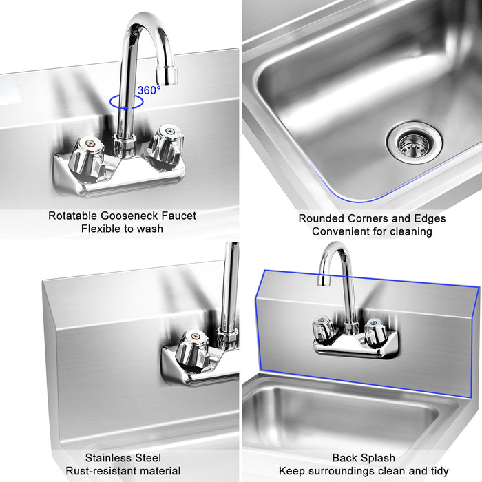 Stainless Steel Sink Wall Mount Hand Washing Sink with Faucet and Back Splash