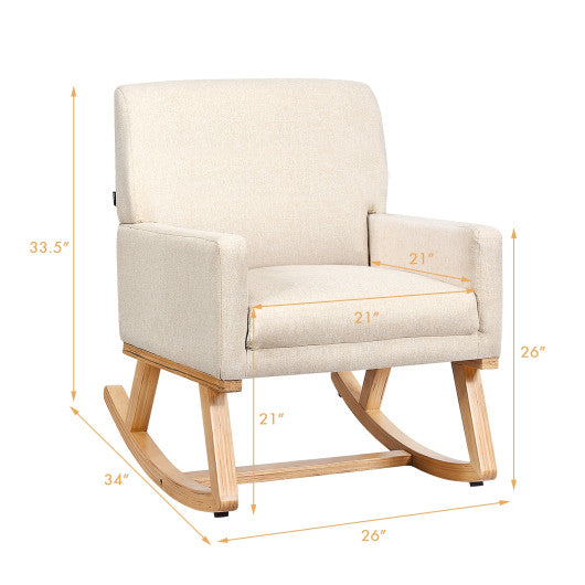 Upholstered Rocking Chair with and Solid Wood Base-Beige