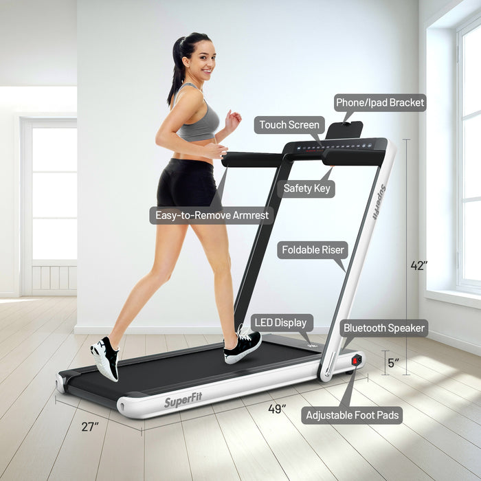 2-in-1 Electric Motorized Health and Fitness Folding Treadmill with Dual Display and Speaker-White