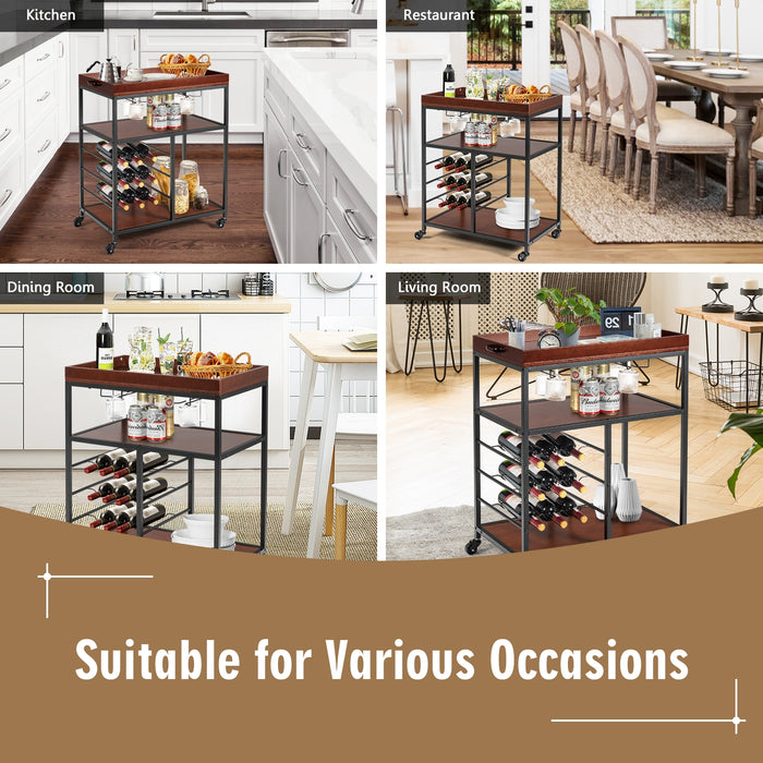 3 Tiers Storage Bar Serving Cart with Wine Rack