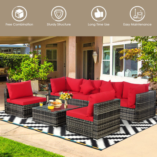 7 Pieces Patio Rattan Furniture Set Sectional Sofa Garden Cushion-Red