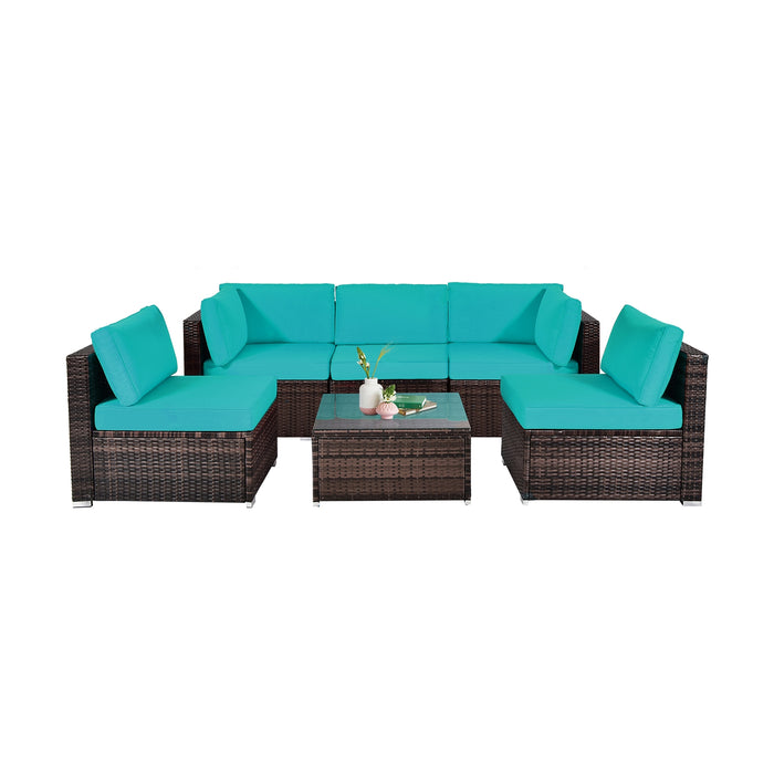 6 Pieces Patio Rattan Furniture Set with Cushions and Glass Coffee Table-Turquoise