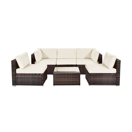 6 Pieces Patio Rattan Furniture Set with Cushions and Glass Coffee Table-White