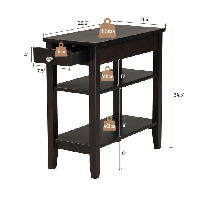 Side End Table with Drawer and 2-Tier Open Storage Shelves for Space Saving-Brown