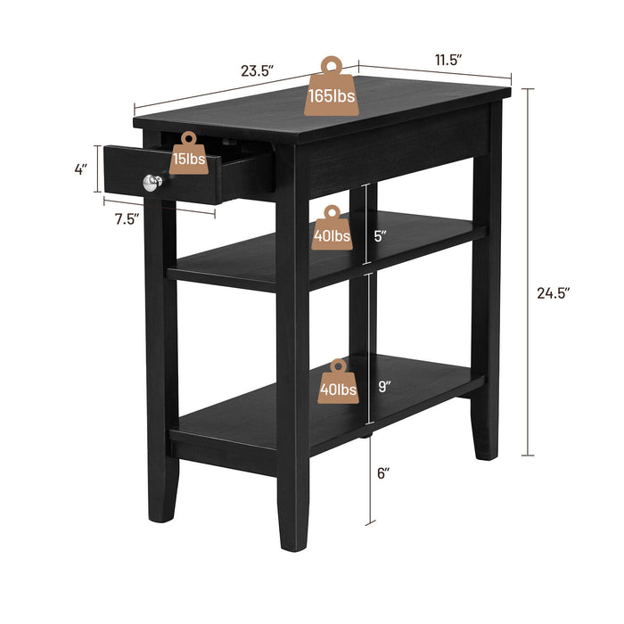 Side End Table with Drawer and 2-Tier Open Storage Shelves for Space Saving-Black