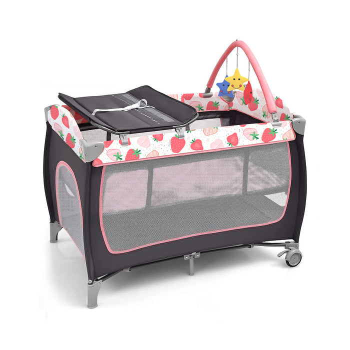 3-in-1 Portable Baby Playard with Zippered Door and Toy Bar-Red