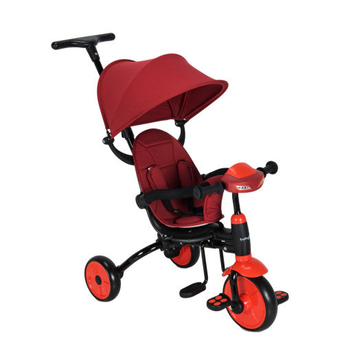 6-in-1 Foldable Baby Tricycle Toddler Stroller with Adjustable Handle-Red