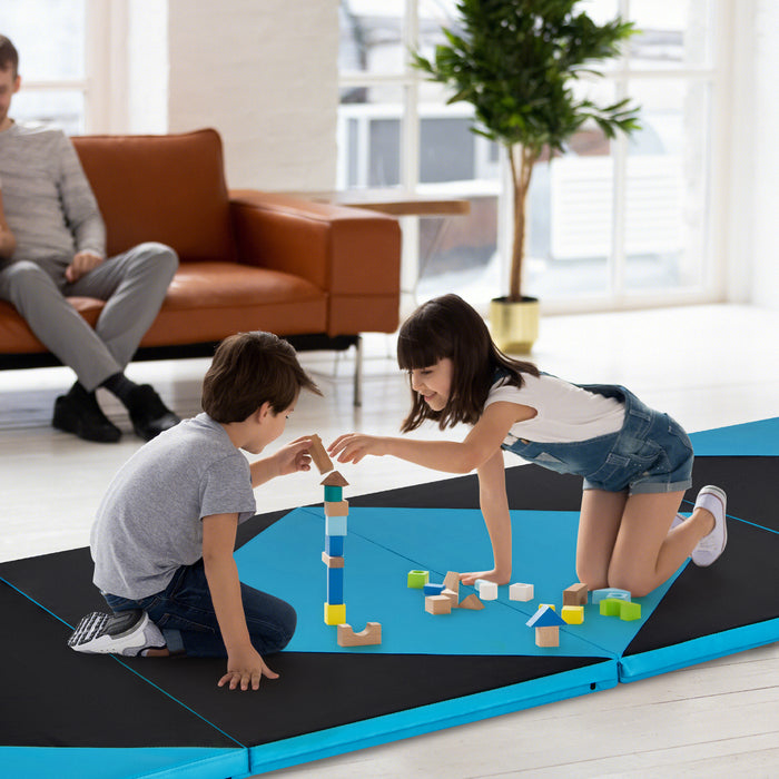 4-Panel PU Leather Folding Exercise Gym Mat with Hook and Loop Fasteners-Black & Turquoise