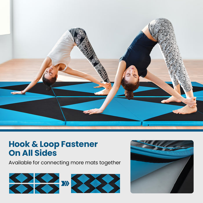 4-Panel PU Leather Folding Exercise Gym Mat with Hook and Loop Fasteners-Black & Turquoise