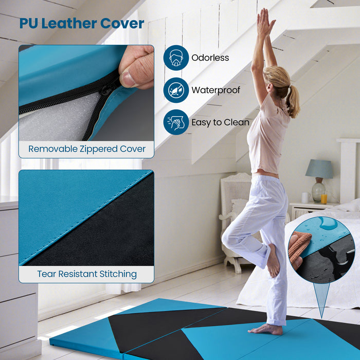 4-Panel PU Leather Folding Exercise Gym Mat with Hook and Loop Fasteners-Black & Turquoise