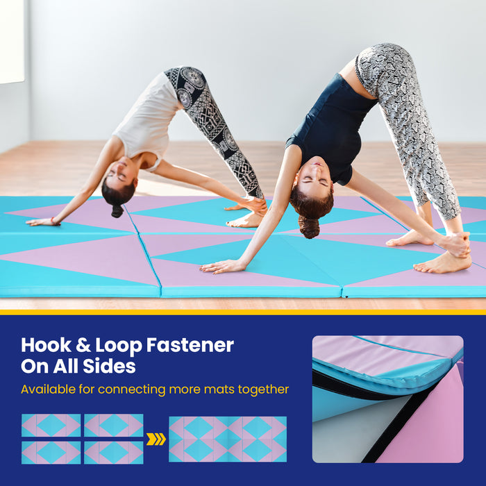 4-Panel PU Leather Folding Exercise Gym Mat with Hook and Loop Fasteners-Pink & Blue