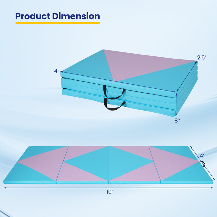 4-Panel PU Leather Folding Exercise Gym Mat with Hook and Loop Fasteners-Pink & Blue