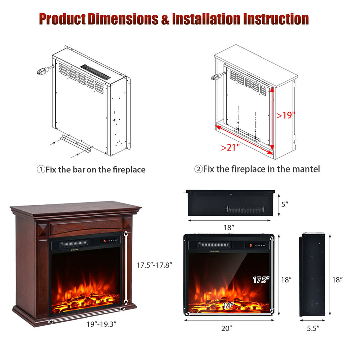 18 Inch 1500W Electric Fireplace Freestanding and Recessed Heater