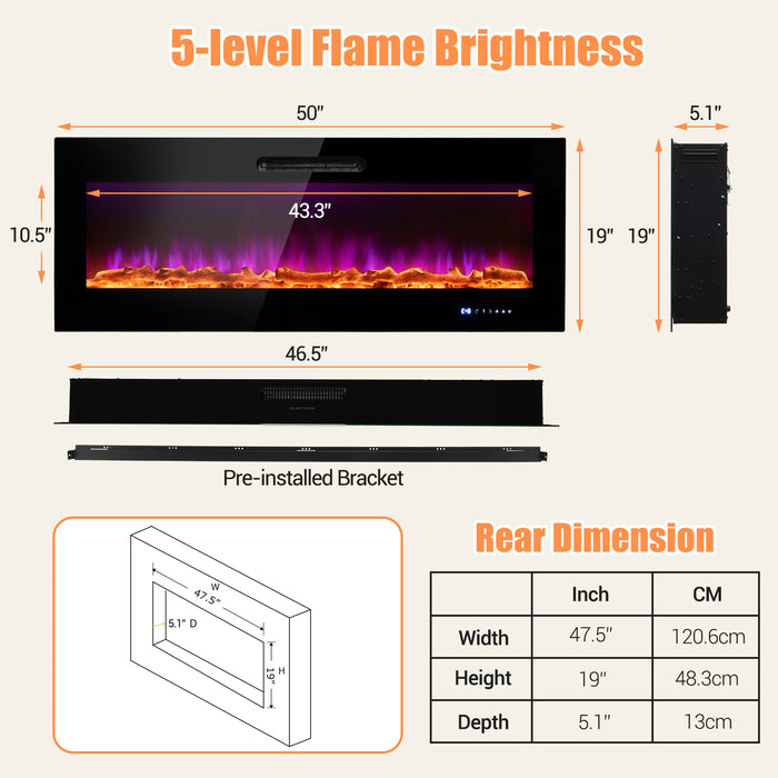 50/60 Inch Wall Mounted Recessed Electric Fireplace with Decorative Crystal and Log-50 inches