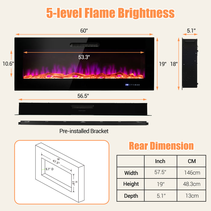 50/60 Inch Wall Mounted Recessed Electric Fireplace with Decorative Crystal and Log-60 inches