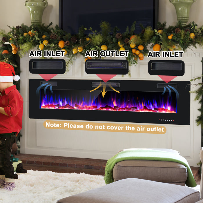 68 Inch Ultra-Thin Electric Fireplace Recessed Wall Mounted with Crystal Log Decoration