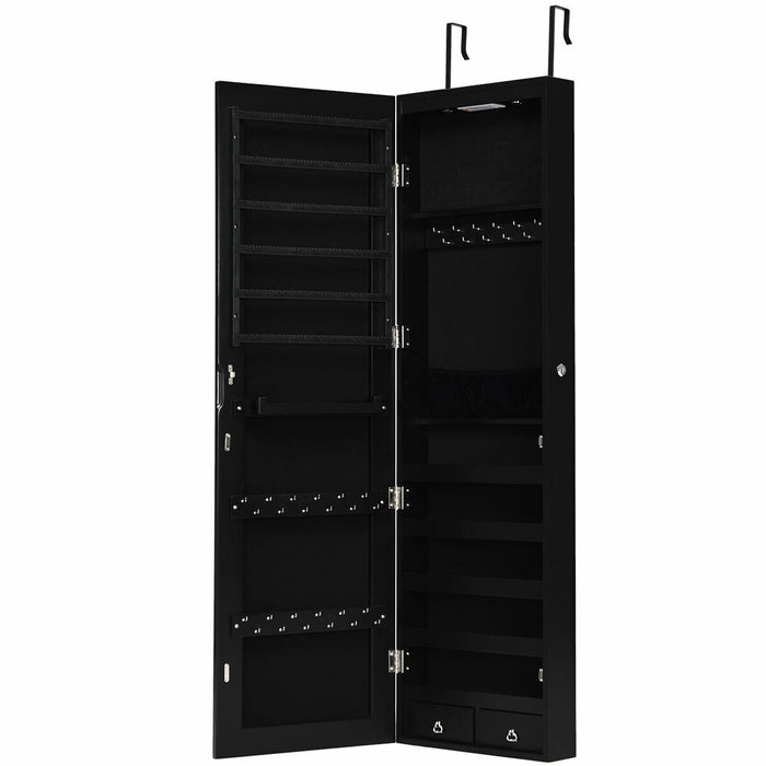 Wall and Door Mounted Mirrored Jewelry Cabinet with Lights-Black