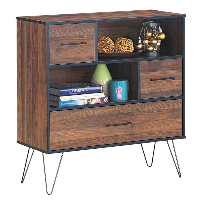 3-Tier Wood Storage Cabinet with Drawers and 4 Metal Legs