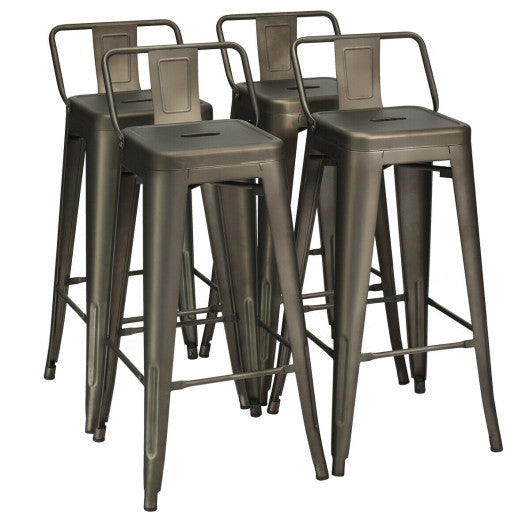 30 Inch Set of 4 Metal Counter Height Barstools with Low Back and Rubber Feet-Gun