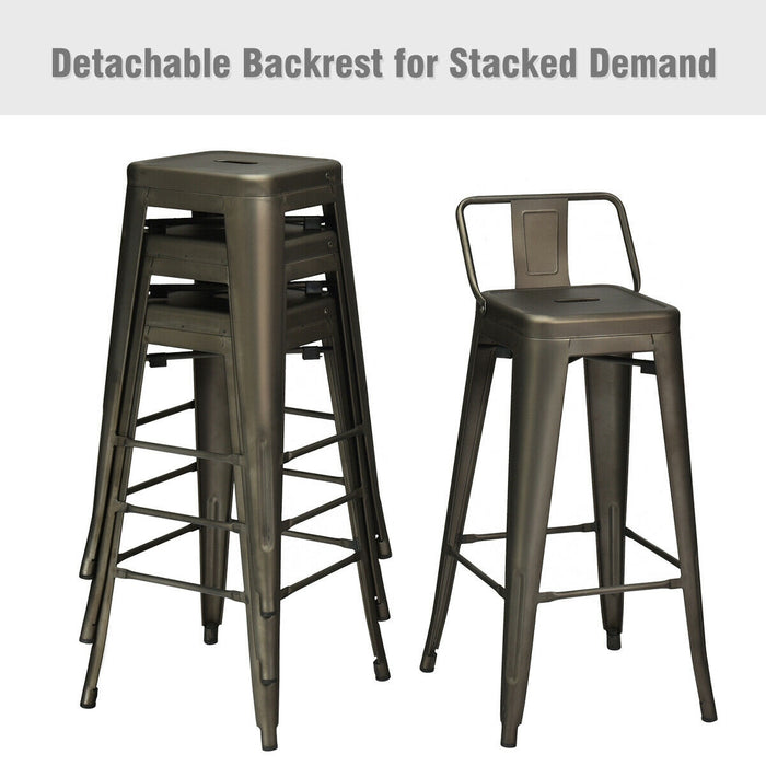 30 Inch Set of 4 Metal Counter Height Barstools with Low Back and Rubber Feet-Gun