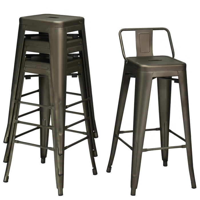 30 Inch Set of 4 Metal Counter Height Barstools with Low Back and Rubber Feet-Gun