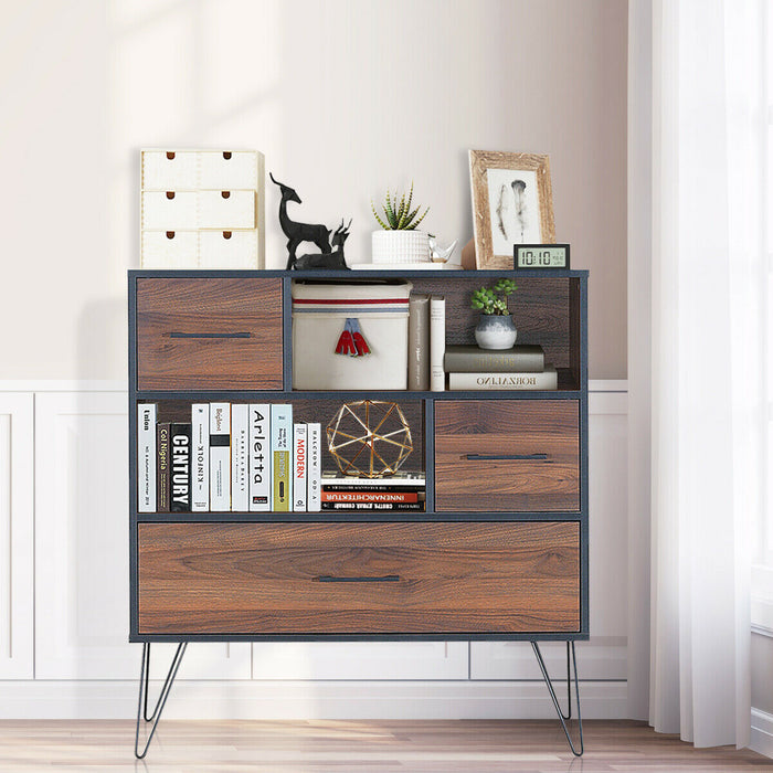 3-Tier Wood Storage Cabinet with Drawers and 4 Metal Legs