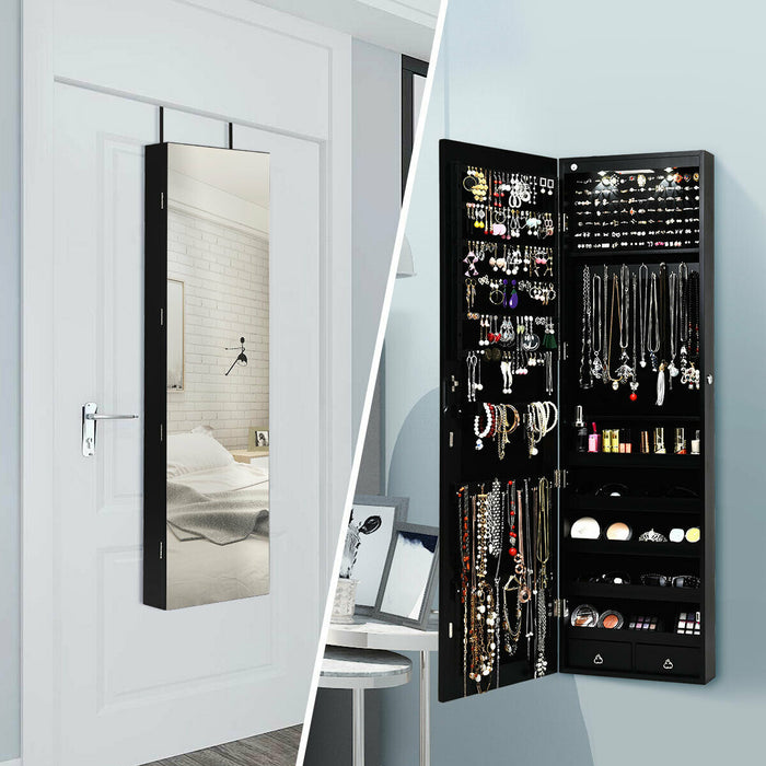 Wall and Door Mounted Mirrored Jewelry Cabinet with Lights-Black